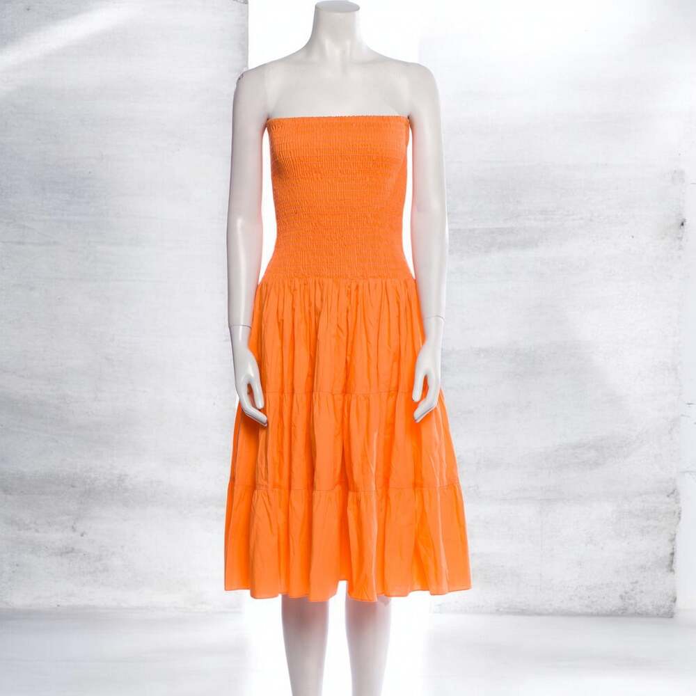 MISA Los Angeles Smocked Strapless Tiered Midi Dress in Orange, XS